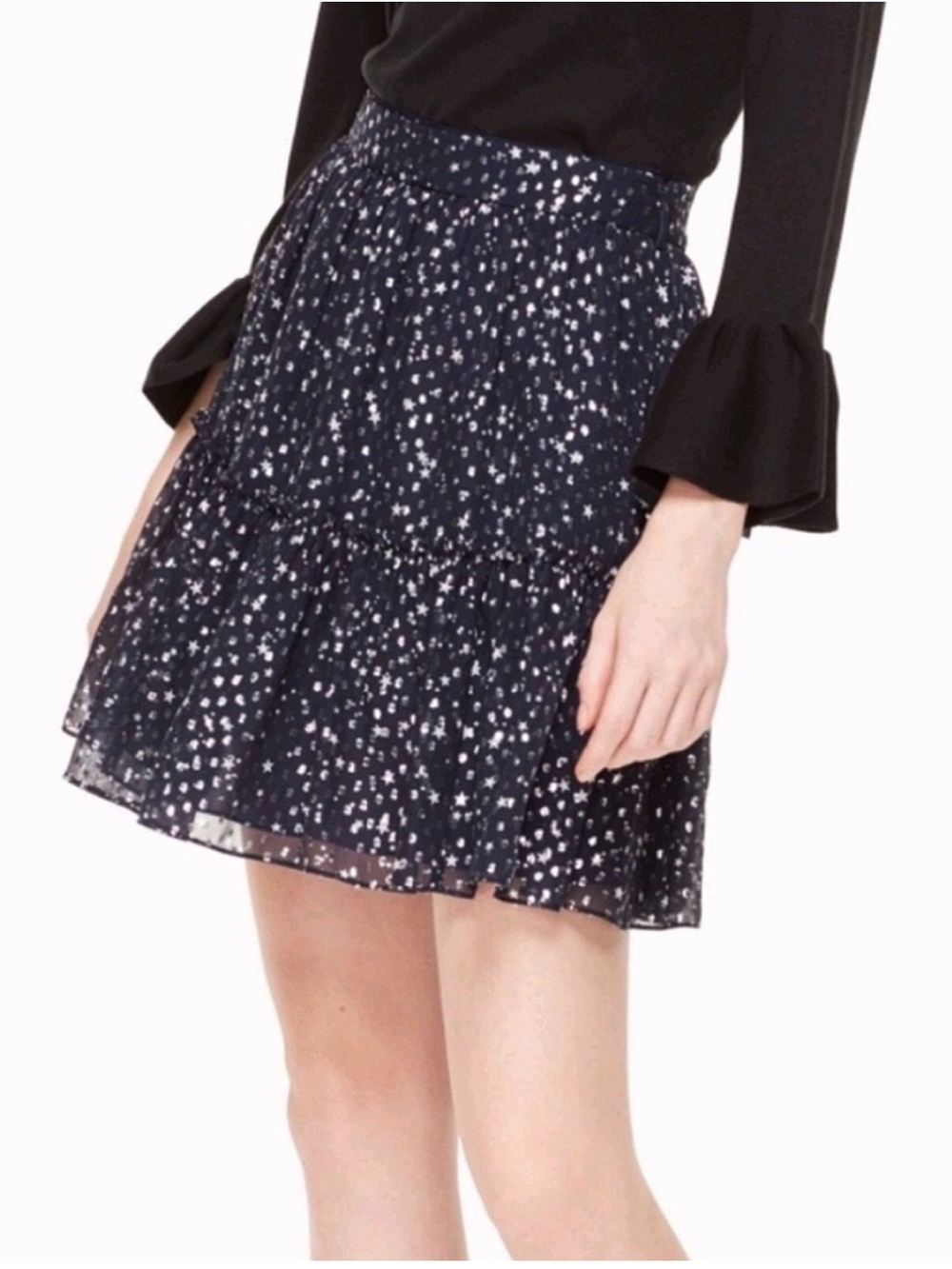 Kate Spade Night Sky Navy Silver Star Ruffle Tiered Silk Mini Skirt NWT Sz 10